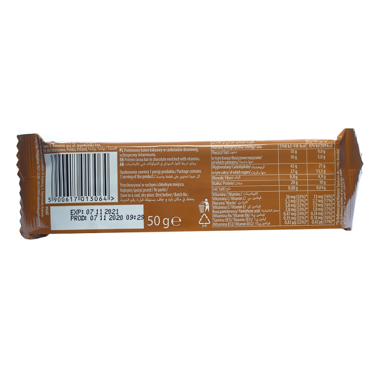 Protein bar with cocoa and chocolate coating