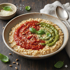 🔥 Spicy Trahanas with Tomato Ragout & Pesto