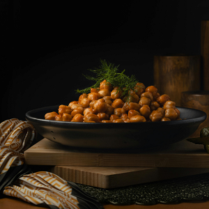 Chickpeas with Caramelized Onions, Grated Pistachio, and Tahini Sauce
