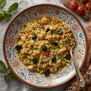 Festive Orzo with Pesto, Black Olives & Chicken Broth