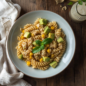 🥗 Whole-Wheat Fusilli with Corn, Avocado, Fresh Mint & Tahini Dressing