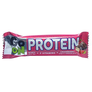 Protein bar with cranberries, goji berry and chocolate coating