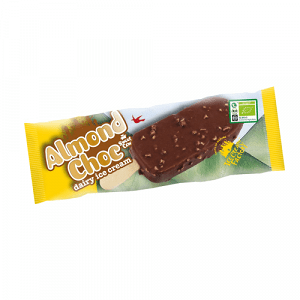Vanilla ice cream with milk chocolate coating and almonds