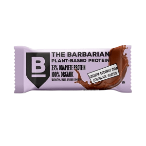 Protein bar with cashews, coconut, chia and chocolate coating