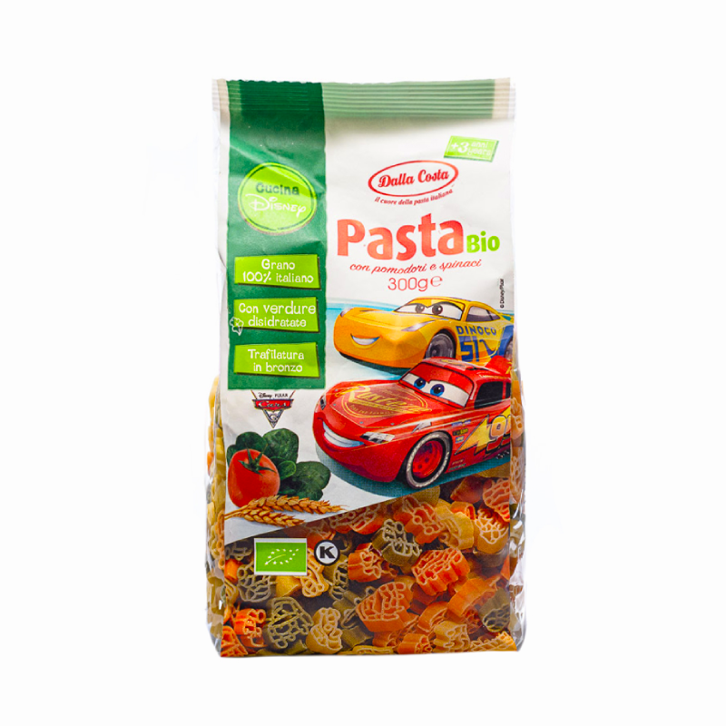 Pasta from hard wheat semolina with tomato and spinach cars shaped