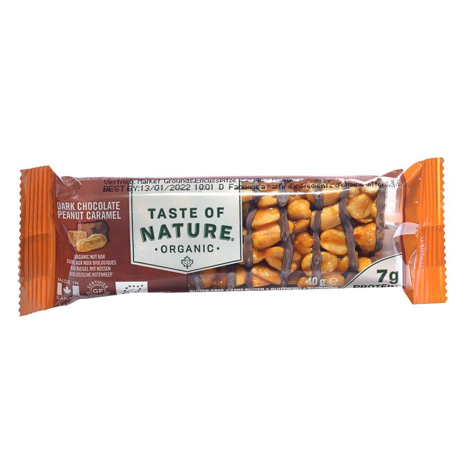 Bar with nuts, dark chocolate and caramel peanuts