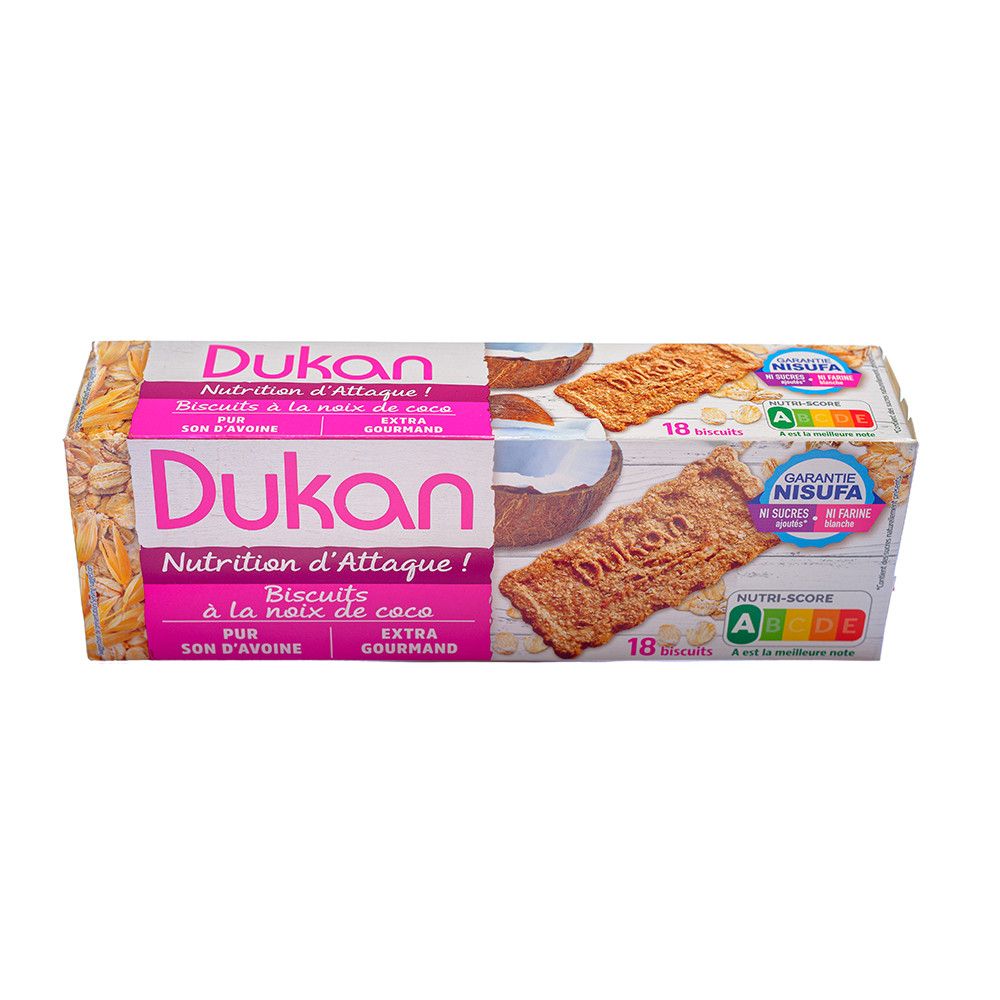 Τα θρεπτικά μπισκότα βρώμης Dukan με γεύση καρύδας, θα σας χαρίζουν ανά πάσα στιγμή, μία γευστική απόλαυση μέσω των ατομικών συσκευασιών τριών μπισκότων.