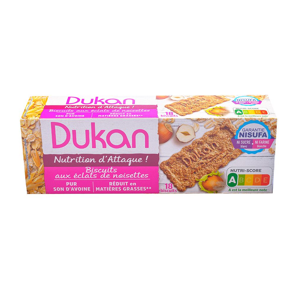 Τα θρεπτικά μπισκότα βρώμης Dukan με γεύση φουντούκι, θα σας χαρίζουν ανά πάσα στιγμή, μία γευστική απόλαυση μέσω των ατομικών συσκευασιών τριών μπισκότων.