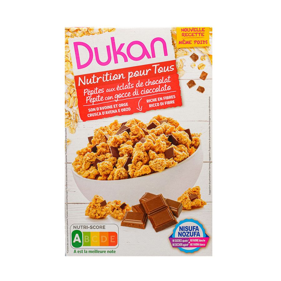 Απολαύστε τα τραγανά και γευστικά δημητριακά βρώμης Dukan με κομμάτια σοκολάτας, τα οποία είναι κατάλληλα για πρωινό. Ιδανικά επίσης για σνακ κάθε στιγμή της ημέρας, καθώς κρύβουν πολλά οφέλη!