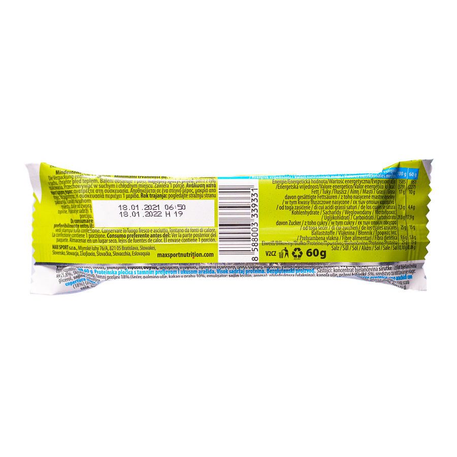 Protein bar with black chocolate coating and nuts flavor