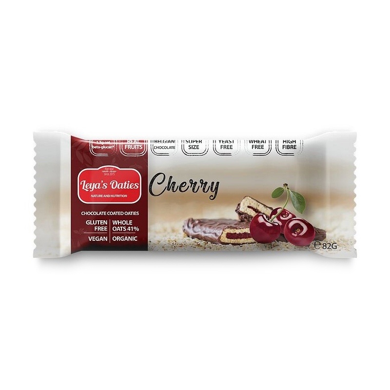 Oat bar with chocolate topping and cherry filling