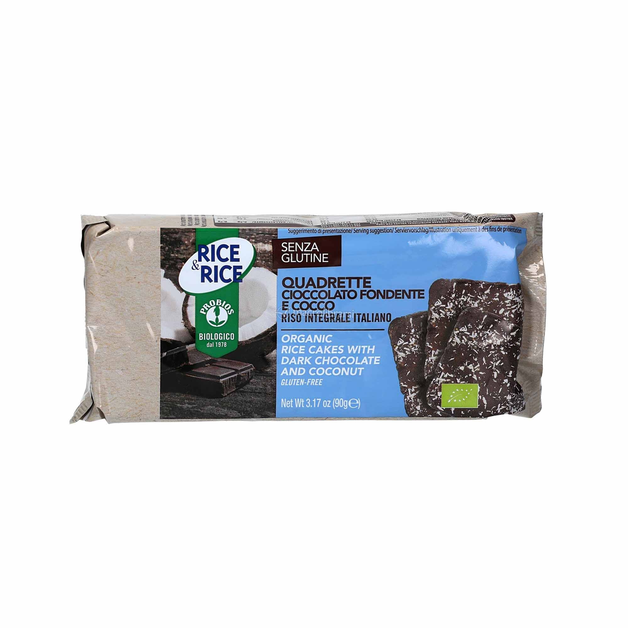 Gluten free rice cakes with dark chocolate coating and coconut