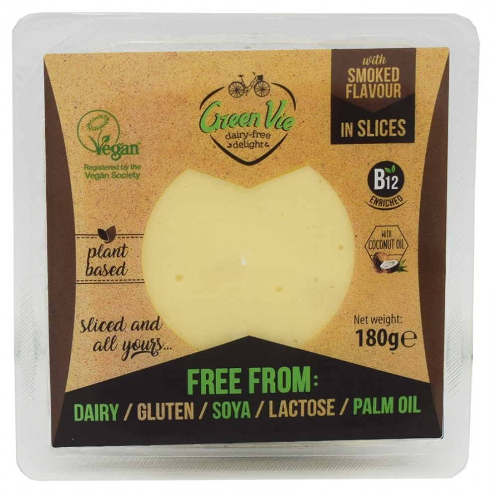 Plant based smoked cheese with gouda flavor in slices